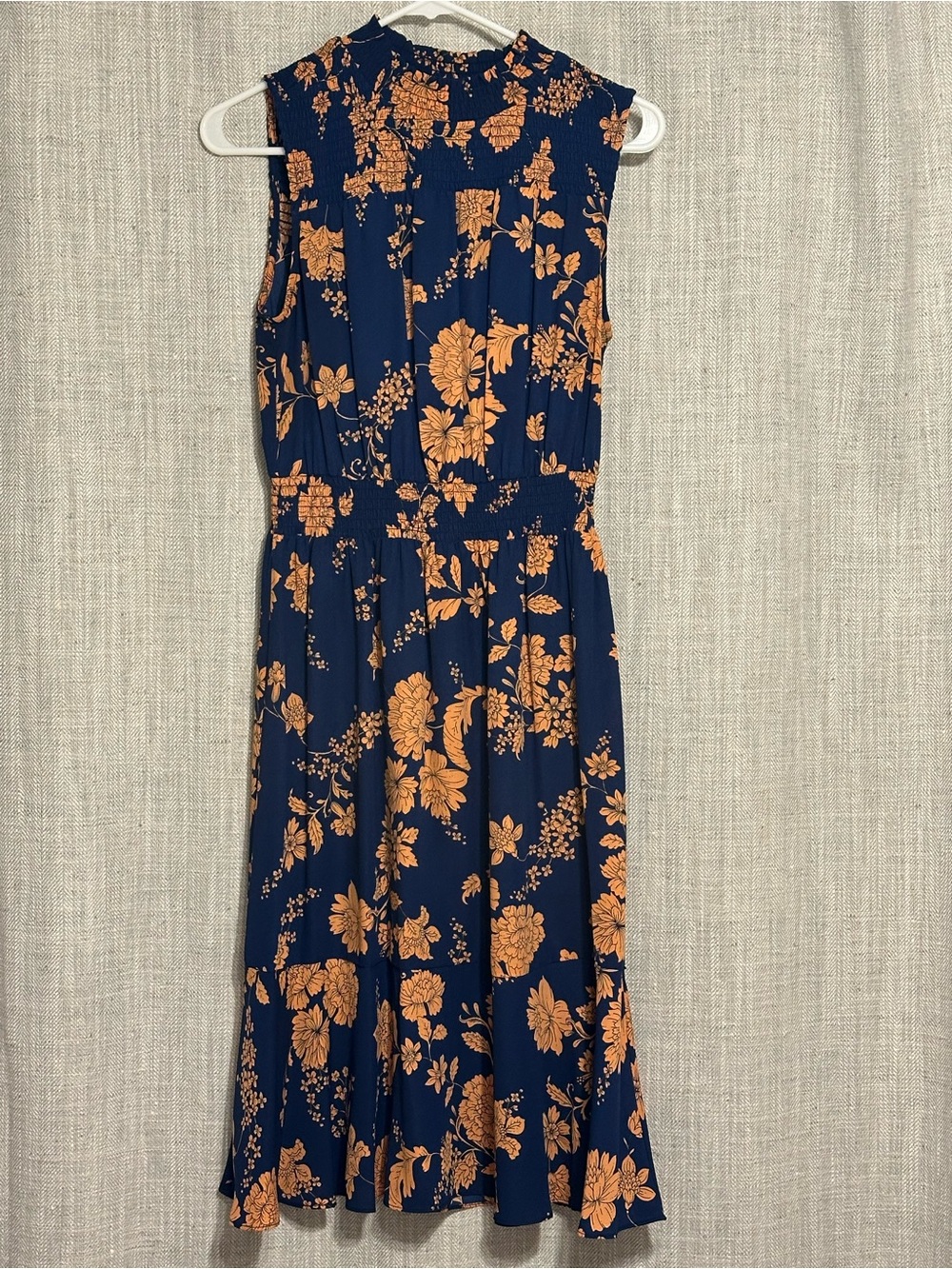 Navy Blue Floral Sleeveless Midi Dress with Orange Print